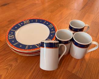 Vintage fine china collection. Rare, discontinued "Chippendale" pattern by Wedgwood. Cobalt blue and rust-orange geometric band accented with gold Roman numerals along the rim.