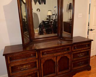 Ethan Allen French Provincial triple-dresser with tri-fold mirror.