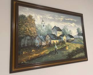 This artwork is a vintage Mid-Century oil-on-canvas landscape painting depicting a traditional European or German village scene. Paintings signed by W. Bayer typically feature idyllic rural communities, old-world architecture with white stucco houses, towering church steeples, and figures strolling along walking paths.