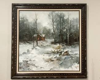 Danny Lee oil on canvas in mid-century frame with winter landscape