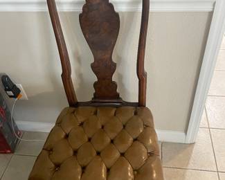 Superb Shell Carved Burl Walnut Side Chair with Tufted Leather Seat