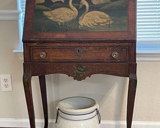 Splendid Oak Drop Front Desk with Painted Swan Motif. Never Seen Another.
