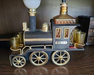 Vtg train decanter with shot glasses