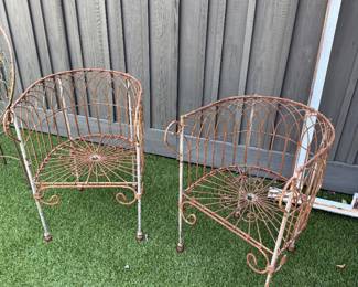 Pair Vintage Wrought-Iron Garden Armchairs – Sunburst & Lattice Design