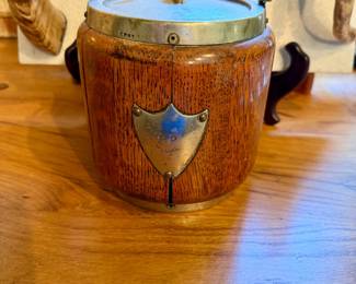 Antique Oak and Brass Tobacco Jar