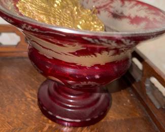 3 piece ruby Red Bohemian (?) Compote Glass bowl and matching candelabras 