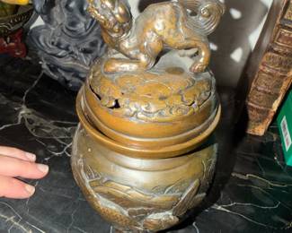 Asian bronze (brass?) Koro incense burner with Foo Doggie