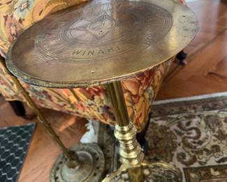 Family keeping out for sale sorry Brass accent table with engraved top "Winaki" Tea table  or smoker's table