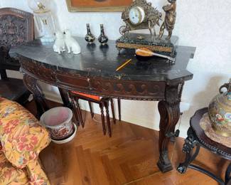 Wowza!!!!  Originally purchased in New York City at one of the up and coming Furniture stores, this Renaissance Revival style furniture with heavy (!!) marble (onyx?) top, ornate scrolled legs would be one of a kind, but there's 2 other matching pieces oh my!!