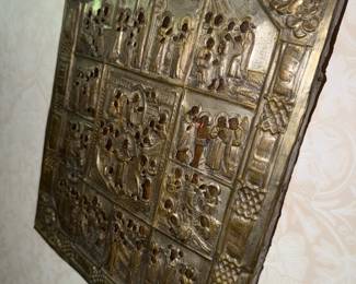 Russian ICON depicting biblical scenes / Twelve Great Feasts, metal on wood