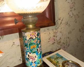 Cloisonné or champlevé enamel central pillar, paired with an etched and frosted incorrectly married to a frosted globe top, quirky, and fun