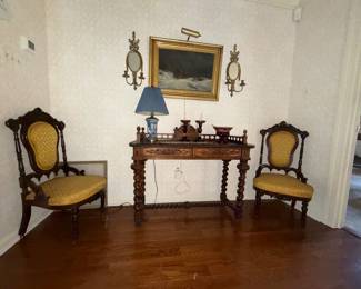 Lovely pair of Victorian styleParlor chairs and a French Renaissance Revival Carved oak writing desk  with Lots of Curves!