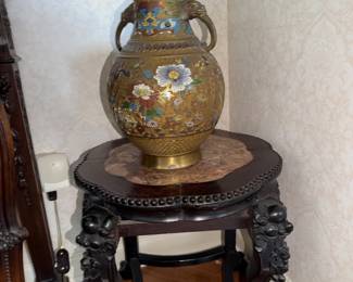 Japanese Brass and Enamel Champleve urn with handles  on ornately carved Chinese pedestal table with claw feet and marble insert