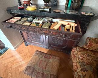 Renaissance-style sideboard with ornate carving and Onyx or Marble top