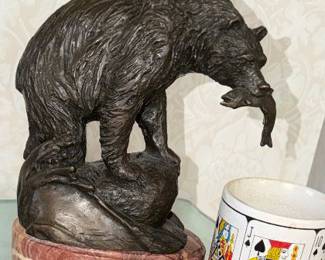 Bronze Bear with fish, signed Jim Parker (Paxton? can't read)