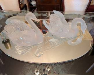Huge pair of Lalique Swan on original etched mirror
