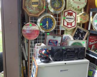 Assorted Collectible Alcohol Clocks & Signs. Metal Lateral Filing Cabinet