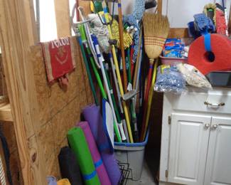 Assorted Brooms, Yoga Matts, Cleaning Items