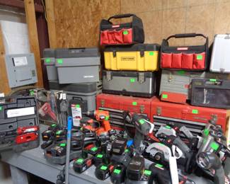 Assorted Corded and Battery Operated Tools. Assorted Toolboxes