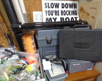 Fishing lures, tackle boxes, filet knives