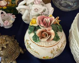 Applied rose porcelain lidded trinket box