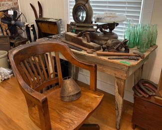 Antique oak bankers swivel chair with primitive work table