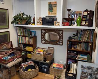 Bookshelves with vintage books and vinyl records