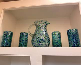 Hand-blown confetti glass pitcher and tumblers