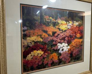 Framed floral garden painting in gilt frame
