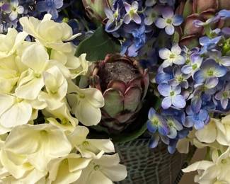 Silk hydrangea and protea arrangement in verdigris planter
