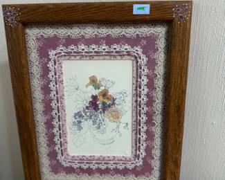 Framed floral print with lace mat, oak frame