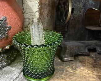Green hobnail glass toothpick holder
