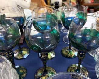 Set of art glass wine goblets in blue and green