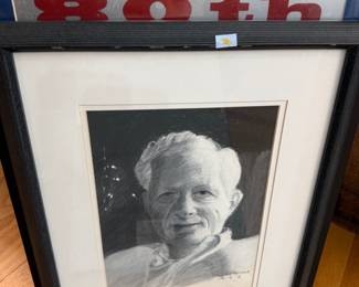 Framed signed charcoal portrait drawing