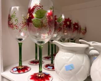 Set of hand-painted poinsettia wine glasses