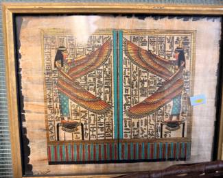 Framed Egyptian papyrus painting with hieroglyphics