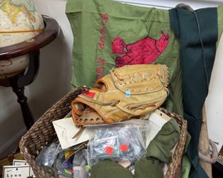 Basket lot with Rawlings baseball glove and Boy Scout troop flag