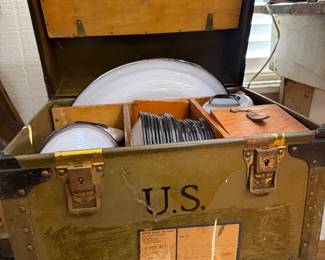 US Air Force footlocker with enamelware plates and mess kit