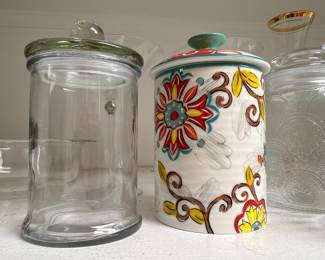 Glass and floral ceramic kitchen canisters