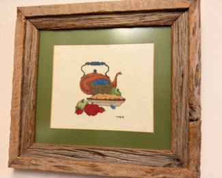 Framed needlepoint teapot in rustic barnwood frame