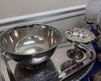 Silverplate bowl, compote and rectangular serving trays