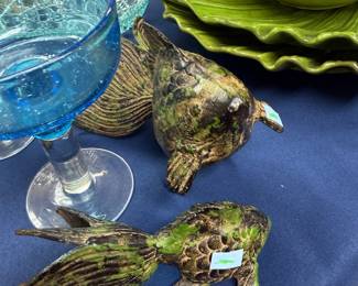 Pair of cast metal fish figurines with verdigris finish