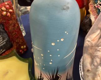 Hand painted art pottery vase with teepee scene