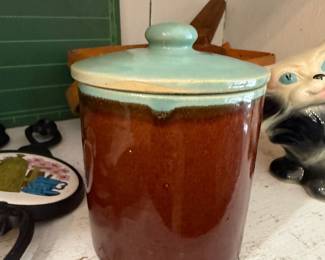 Brown drip glaze stoneware canister with lid