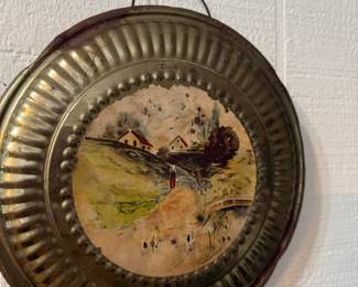 Antique brass tray with hand painted landscape scene