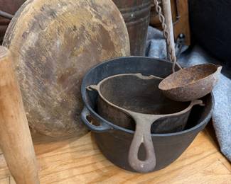 Cast iron pot, ladle and primitive dough bowl