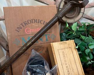 Vintage Carnation advertising box and wooden cheese boxes