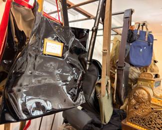Black patent leather tote handbag