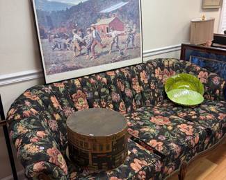 Floral tapestry camelback sofa with carved wood frame