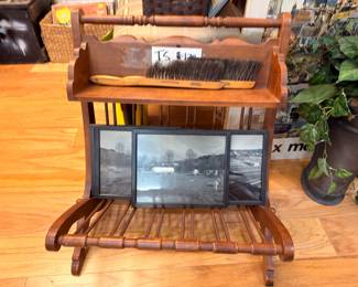 Antique turned wood magazine rack with clothes brushes